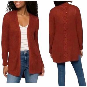 Stitch Fix Pinque Womens Open Front Long Cardigan Rust Small Knit Lace Back NWOT